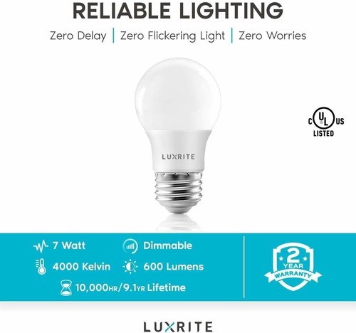 Luxrite A15 LED Light Bulb 40W Equivalent Dimmable 4000K 600lm E26 Base 4-Pack - Picture 8 of 8