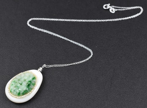 Sterling Silver 925 Mother of Pearl Pendant Carved Jadeite Jade & Pearl 18" 1.2g - Picture 13 of 13