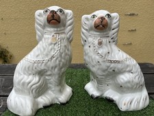 SUPERB PAIR: 19thC STAFFORDSHIRE SEATED WHITE & GILT SPANIEL DOGS c1880s