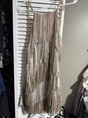 ASOS DESIGN Fringe Mini Dress Beige Chain Straps US 12 Sleeveless Party |  eBay