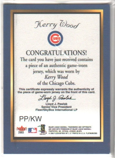 2003 Fleer Platinum Portraits Jerseys Kerry Wood #PP/KW Game-Worn Jersey Cubs - Image 2 of 2