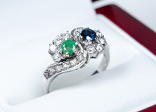 925 Silver - Vintage Toi-Et-Moi Ring - 0.20ct Emerald - 0.30ct Sapphire