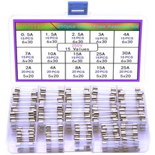 250pcs Quick Blow Glass Tube Fuse Assortment 5x20 6x30mm 125/250V 0.5A-30A