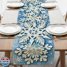 Croar Winter Snowflake Blue Table Runner, Christmas Snow Kitchen