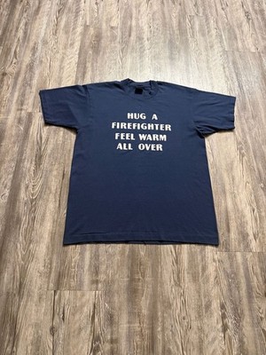 Vintage 80s Screen Stars Hug a Firefighter Feel Warm All Over T-Shirt Navy Blue