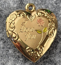 Vintage 14K Gold Filled "I Love You" Heart Locket Pendant Etched Colored Rose