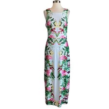 GUESS Women's Maxi Dress Size 12 Blue Floral Print Sleeveless Cutout Back Sheath