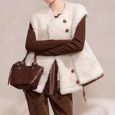 Women's Real Shearling Fur 100% Wool Coats Winter Sleeveless Vest Waistcoat Warm