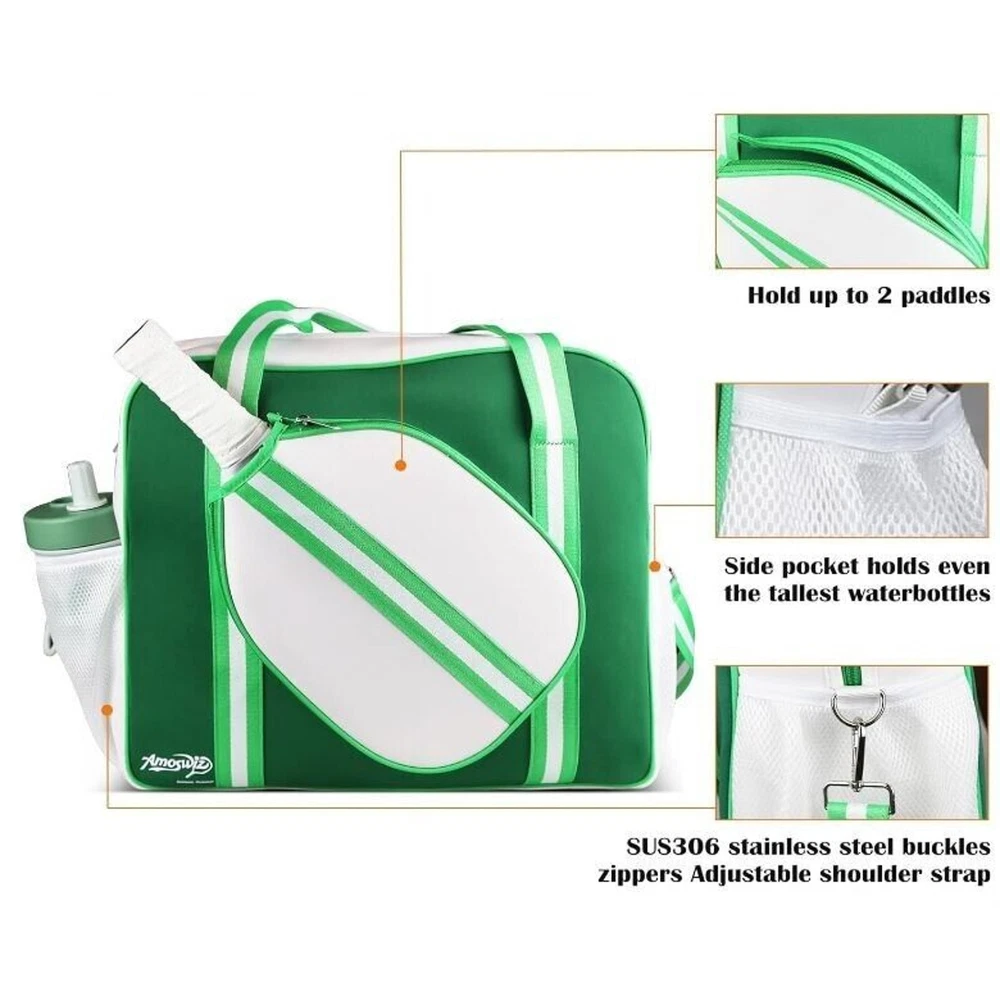 Pickleball Bag Neoprene Crossbody Double Handle Green White XL Tote Pickleball Bag Neoprene Crossbody Double Handle Green White XL Tote
