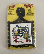 Vtg 1960s Trivet Cast Iron Ceramic Tile Vibrant Colors Wine Cheese Picnic NOS
