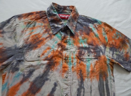 Tie Dye Black Orange Spiral Short Sleeve Button Up Shirt - Small Mens Hand Made - Picture 5 of 7