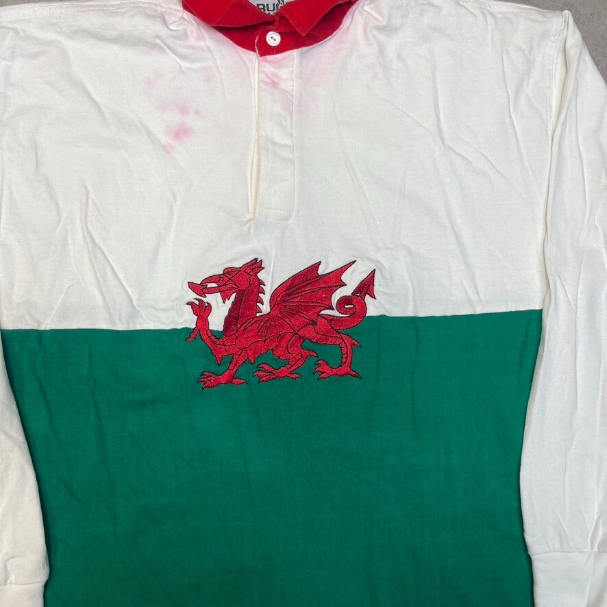 Rugby Polo Shirt Mens Y2K Wales Flag Long Sleeve Vintage Top, White Green XL image 4