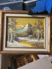 Guirio Tman Fall Mountain & Cabin Scene Oil Painting Artist Signed Original