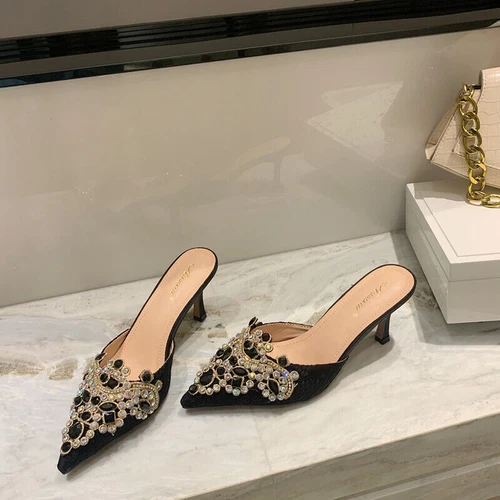 Mujer Moda Puntera Punta Punta Diamante Mulas Zapatillas Gatito Tacones Medianos Zapatos Vestido - Imagen 8 de 15