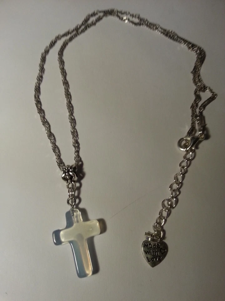 Kreuzanhänger Mondstein, Opalit, Natur-Edelstein 18 X 25 mm mit Silber Kette - Bild 3 von 4