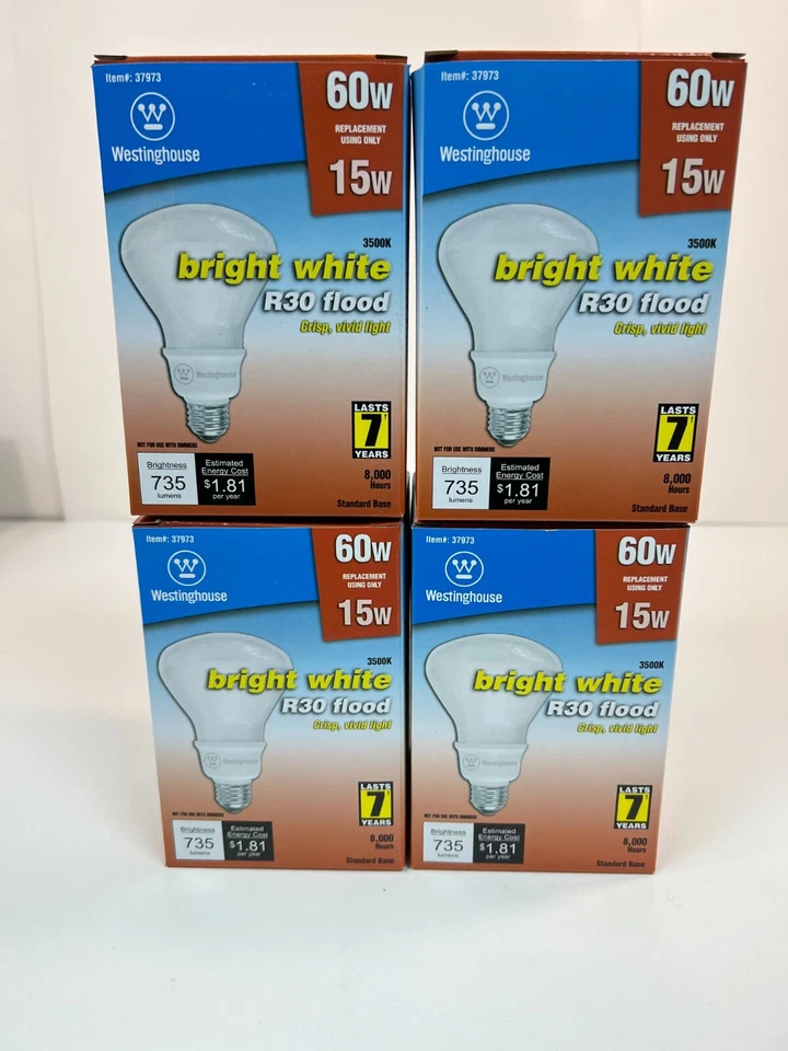 (4) Westinghouse R30 Flood Bulb Bright White 3500K 15W (repl 60W) CFL Screw Base - Image 2 of 4