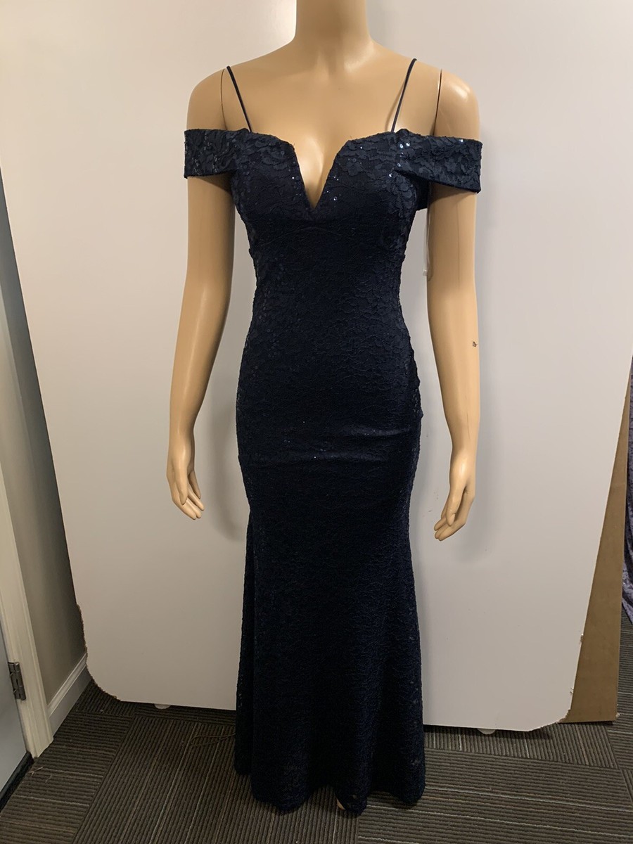 Women Junior Blue Navy lace sequins Bodycon Mermaid Shoulder-off maxi dress  | eBay