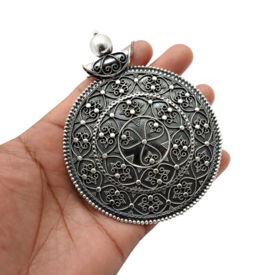 Artisan Pendant Solid 925 Sterling Oxidized Silver Handmade Indian Boho  Jewelry