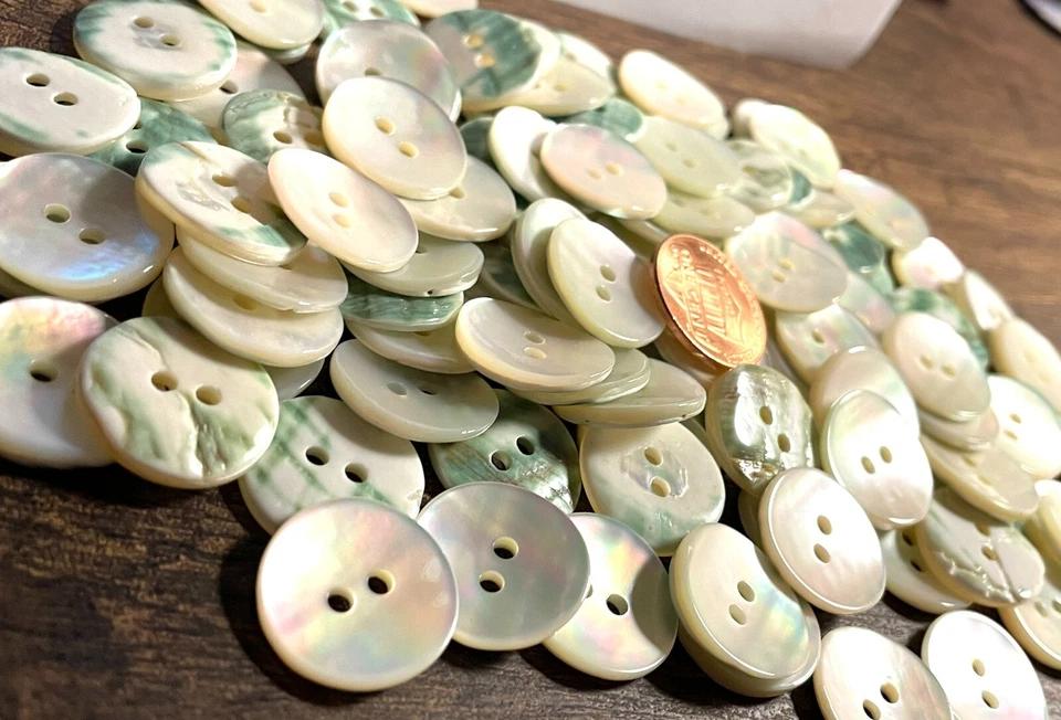 6 botones curvos iridiscentes crema y verde concha coser 17,5 mm 11/16" 12776 Foto 2 de 4