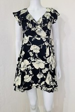 NWT Free People Anthropologie Black Ecru Floral Ruffle Mini Wrap Dress Size S