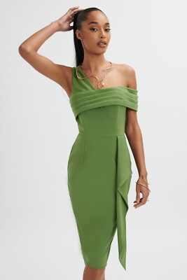 Lavish Alice HANNAH PLEATED ASYMMETRIC OFF SHOULDER MIDI DRESS IN GREEN UK 8