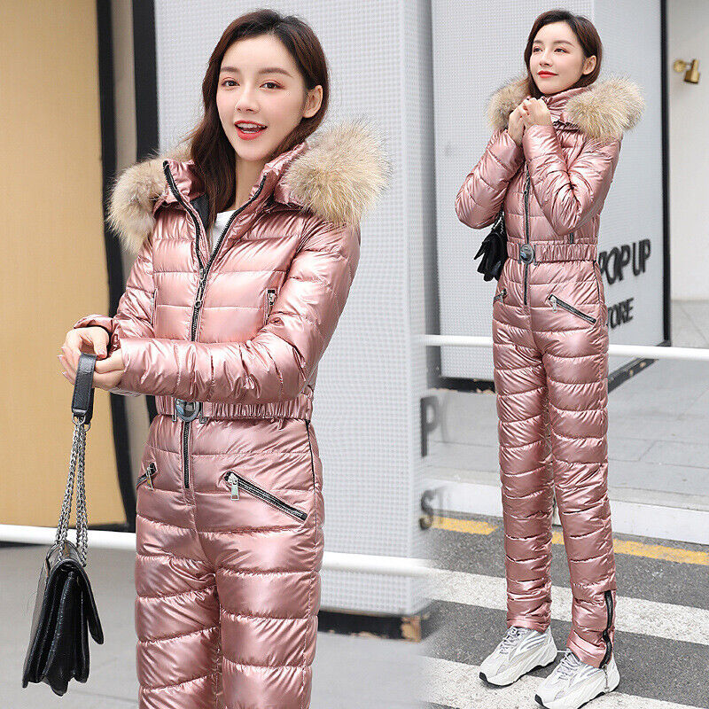 Women One Piece Jumpsuits Padded Quilted Hooded Slim Skiing Suit Thick Warm