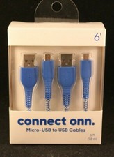 Connect Onn - Micro-USB to USB Cables - Set of 2 - 6' Each - Blue