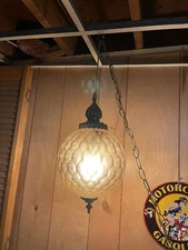 Mid Century Modern Globe Hanging Lamp Amber Glass & Brass Vintage