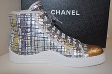 NIB CHANEL 17C GLOBE TROTTER HIGH TOP SNEAKERS SHOE TWEED FABRIC EUR 36 US 6