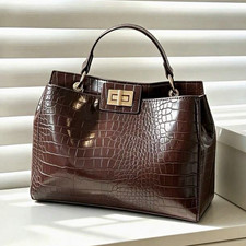 Women  s Brown Faux Leather Croc Embossed Satchel Top Handle Bag, Turn Lock
