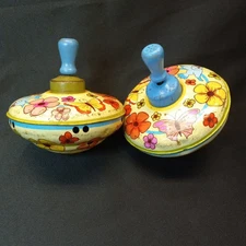 Vintage Ohio Art Tin Litho Flowers Birds & Butterflies Spinning Top Toy 5" Tall