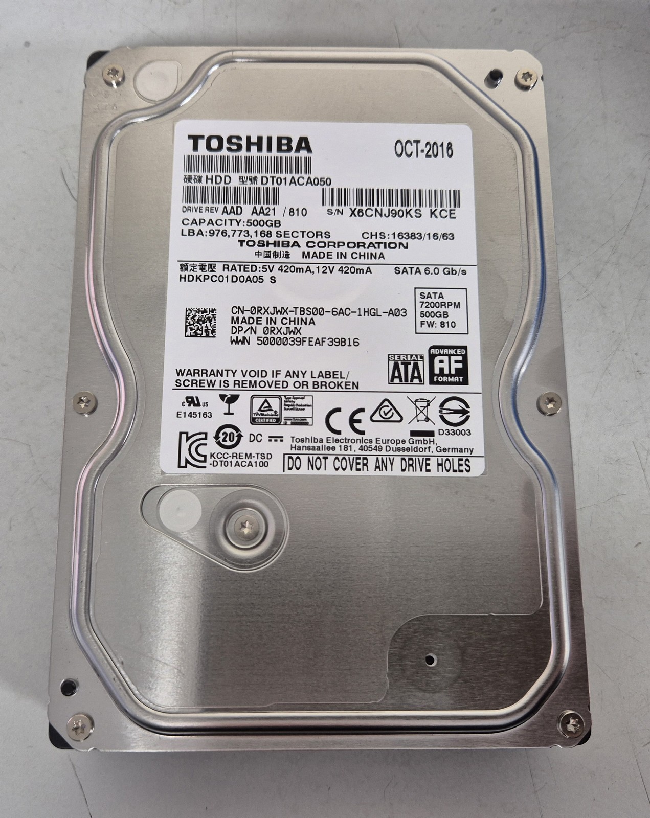 Toshiba Dell 500GB 7200RPM SATA 3.5"" HDD ( DT01ACA050 HDKPC01D0A05 0RXJWX ) REF