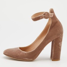 Decolte Gianvito Rossi beige velluto tacco a blocco cinturino alla caviglia t...