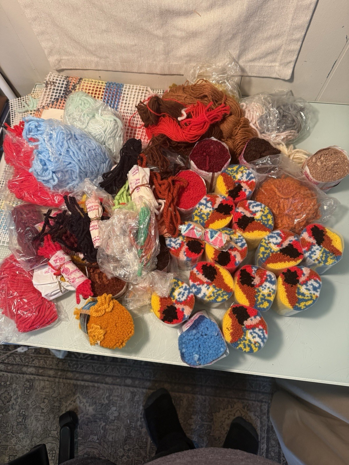 Large Vintage Latch Hook Rug Yarn Lot With Several Tools And Patterns NICE!!