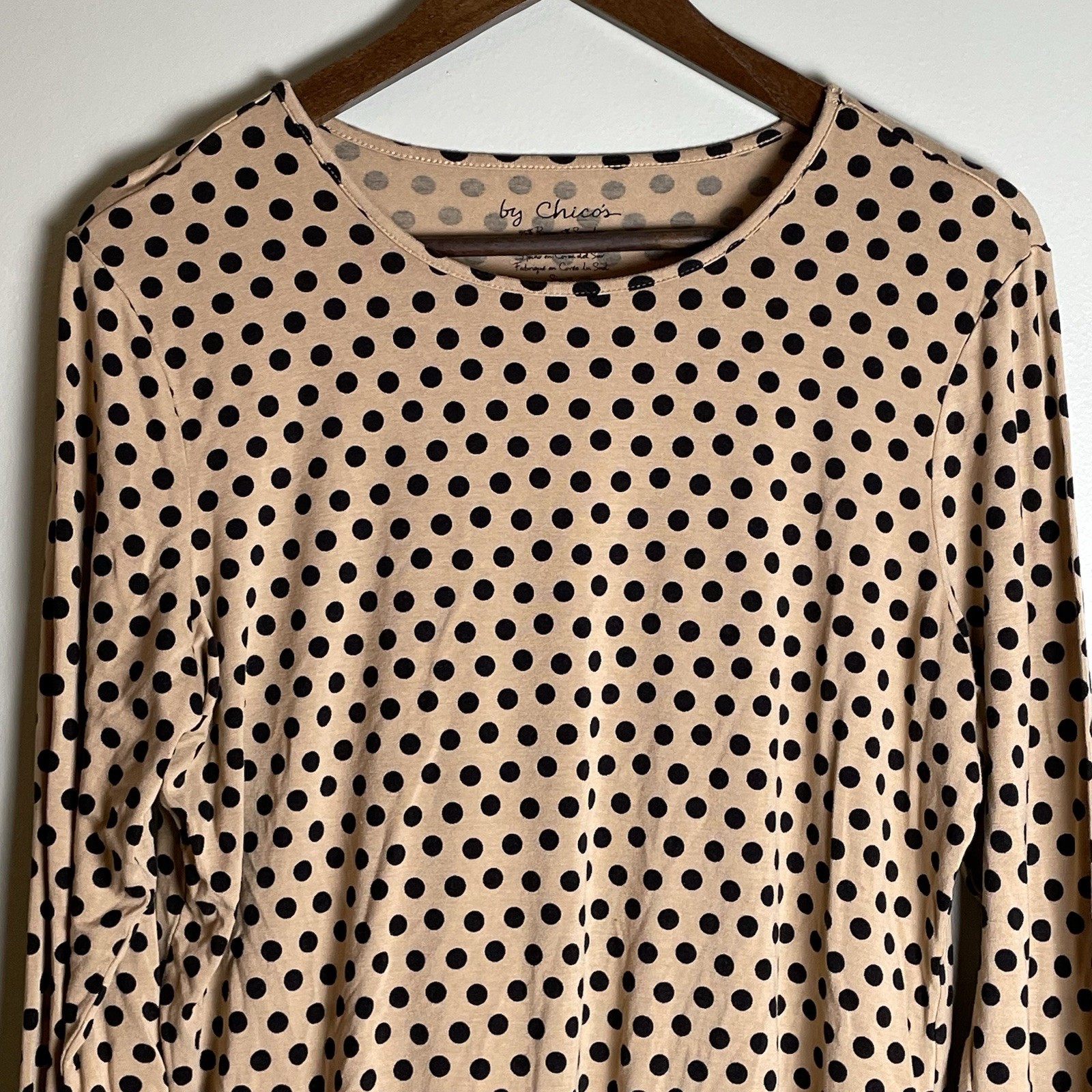 Chicos Womens Blouse 2 L 12 Brown Black Polka Dot Shirt Top Long Sleeve Office