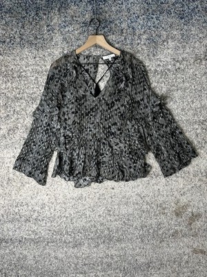 IRO Blouse Womens 40 Gray Metallic Lurex Ruffle Peplum Sheer V Neck CARTY 18S