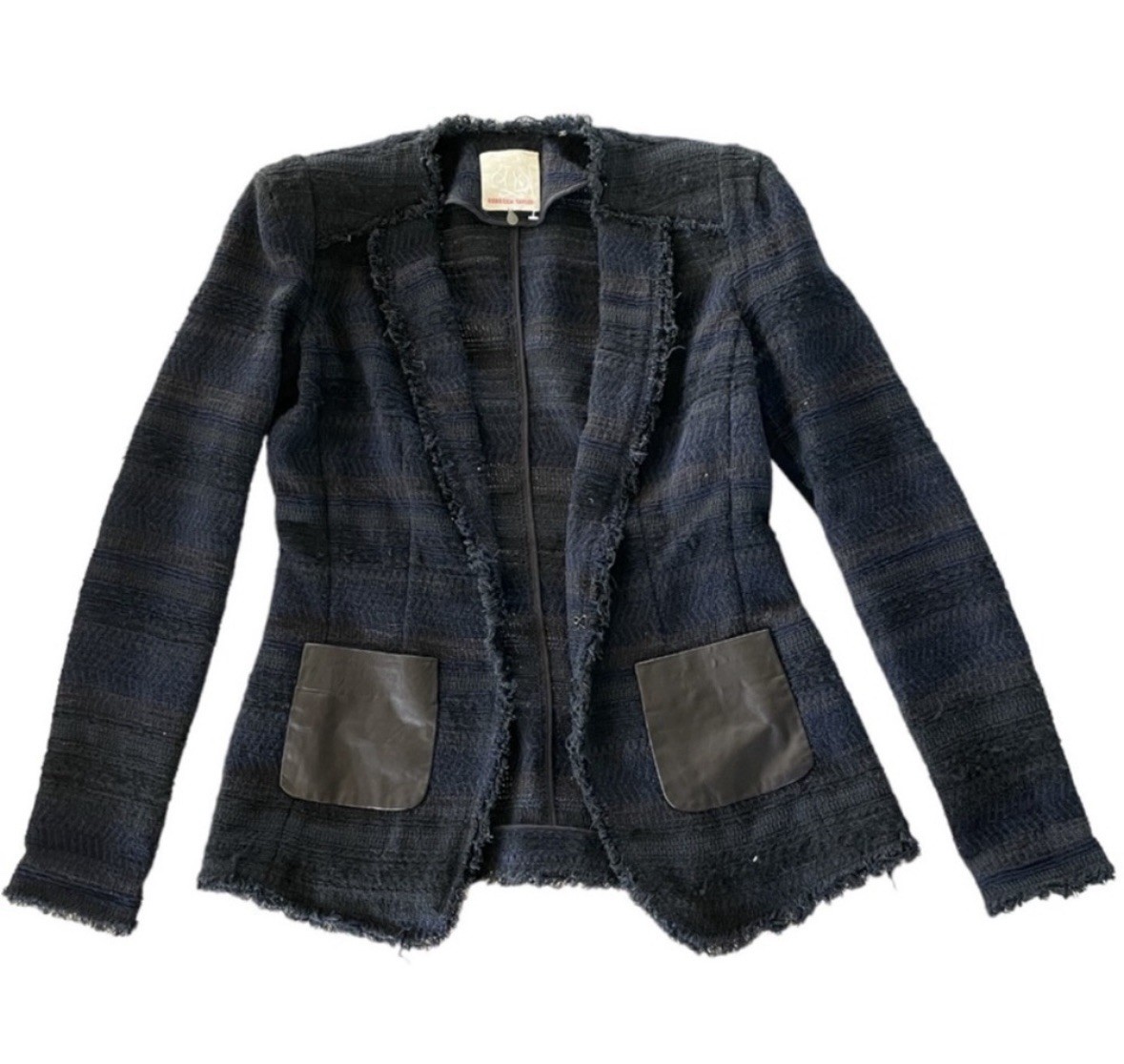 Rebecca Taylor Blue Black Tweed Wool Blend Blazer NWOT Size 2 Leather Pockets