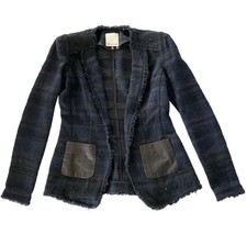 Rebecca Taylor Blue Black Tweed Wool Blend Blazer NWOT Size 2 Leather Pockets