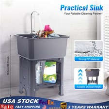 Freestanding Plastic Utility Sink Laundry Tub Laundry Sink with Faucet Grey NEW