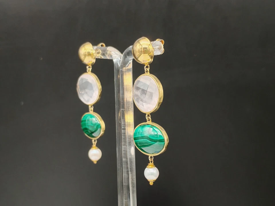 Orecchini donna malachite quarzo rosa perla arg. 925 plac oro fatti in Italia - Immagine 2 di 4