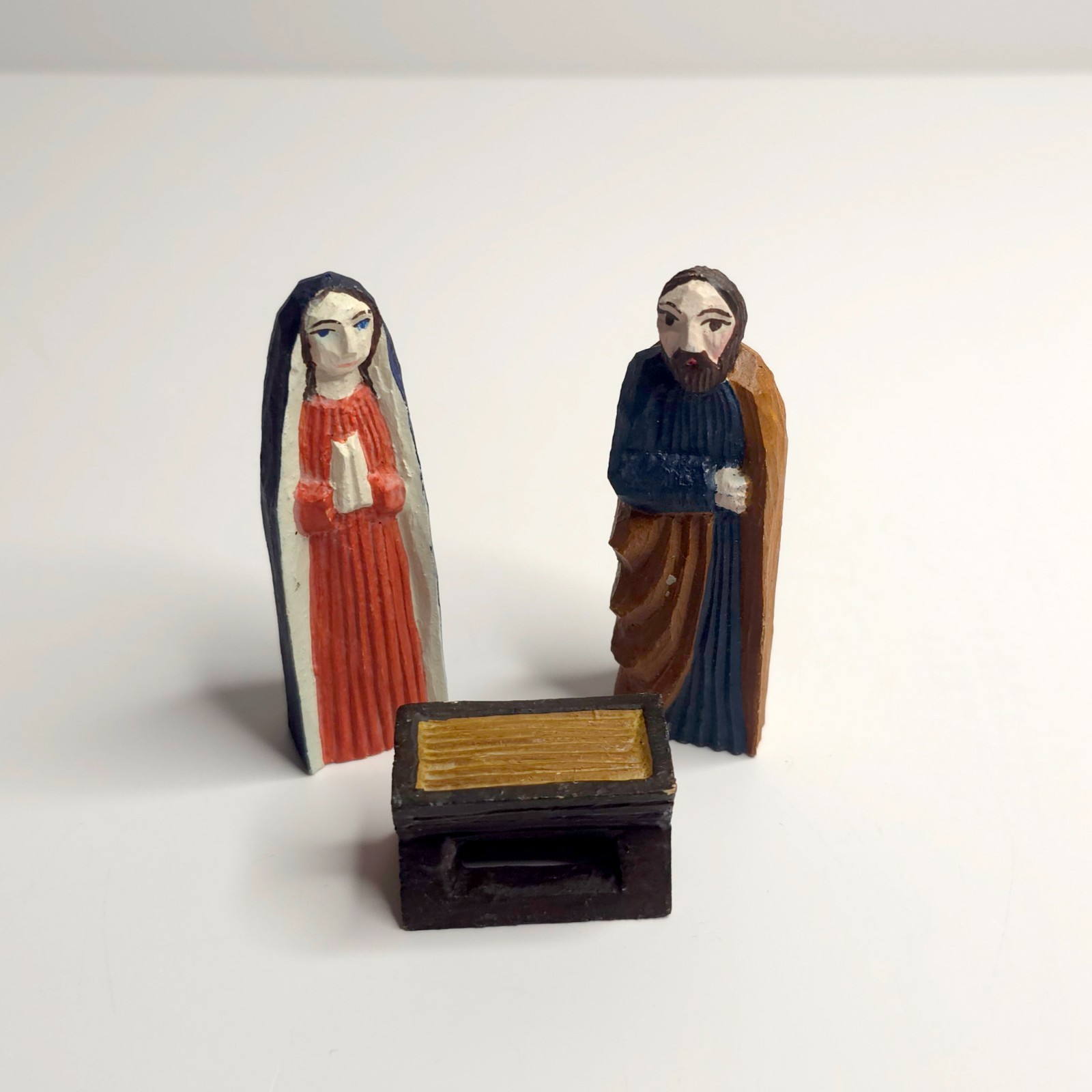 Hand-Carved Wooden Nativity Scene Hand-Painted Holy Joseph Mary & Manger