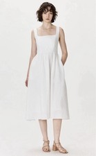 Quince White 100% Linen Fit Flare Square Neck Midi Dress Smock Back Clean Girl M