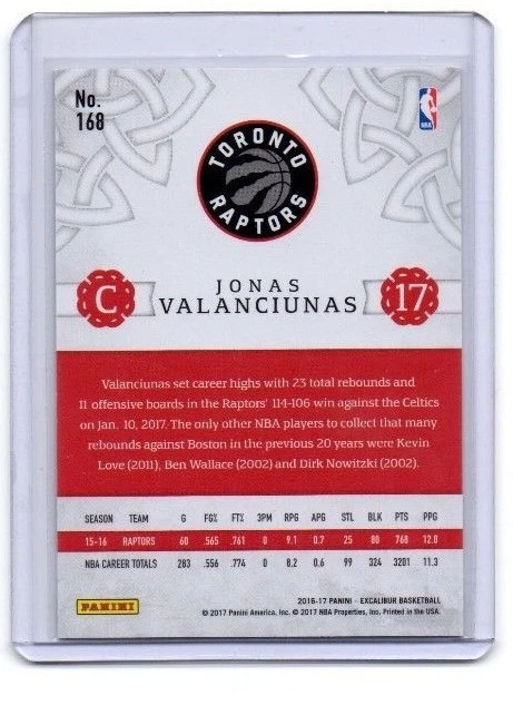 Jonas Valanciunas # 6  /  49  Limited  Card 16-17 Excalibur  Raptors - Image 2 of 2
