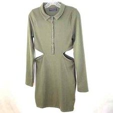 UO Gwen Olive Green Collared Long Sleeve Cutout Mini Dress Women's Size Medium
