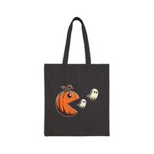 Pumpkin Eating Ghosts Halloween Black Cotton Canvas Tote Bag Trick or Treat