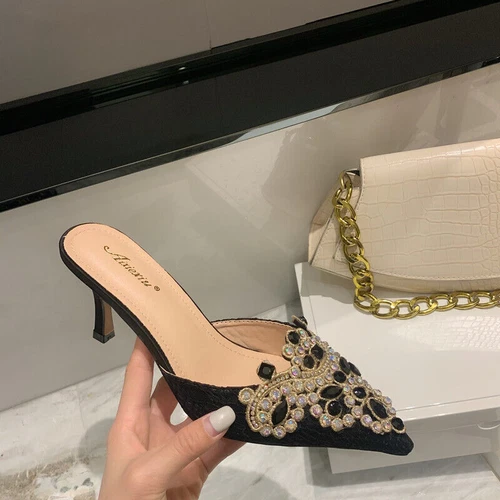 Mujer Moda Puntera Punta Punta Diamante Mulas Zapatillas Gatito Tacones Medianos Zapatos Vestido - Imagen 11 de 15