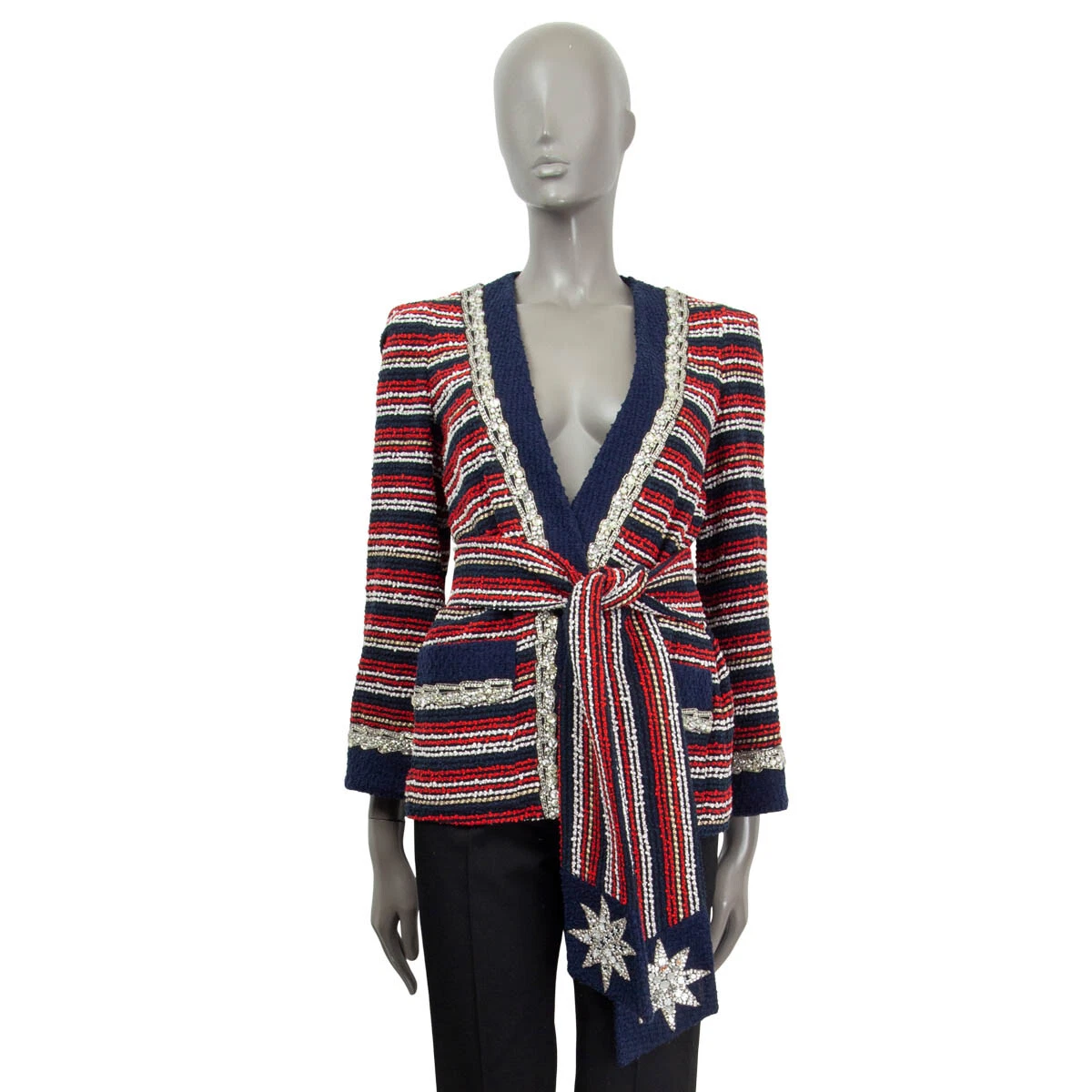 66278 authentique veste GUCCI rouge bleu blanc 2018 CYSTAL BOUCLE RAYÉE CEINTURE 40 S
