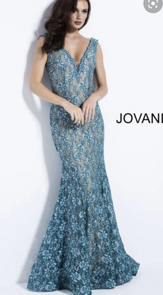 Jovani Floral Lace Beaded Prom Fitted Long Evening Gown Size 4 Blue Green - Image 3 of 4
