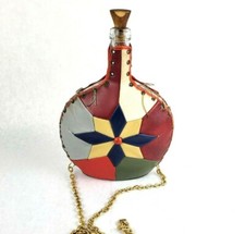 Vintage Leather Wrapped Glass Decanter Cork Attached With Chain Made in Spain