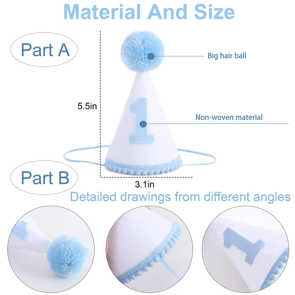 Sombrero y banner de trona de primer cumpleaños para niños - decoración de fiesta azul y gris (... Foto 3 de 4